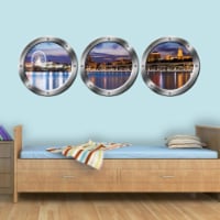 3D Window View Wall Sticker, London Skyline Cityscape Decal - Porthole Vinyl Stickers -SPW22
