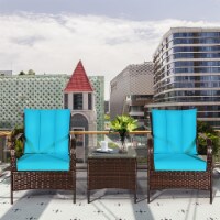 Costway 3 PCS Patio Wicker Rattan Furniture Set Coffee Table & 2 Rattan Chair W/Cushions-Turq