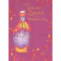 Love Potion 3D Bottle, Heart Gem, Gold Ribbon on Dark Pink Valentine's Day Card Perspective: Main