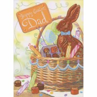 Chocolate Rabbit and Candy Inside Wicker Basket with Blue Ribbon Easter Card for Dad Perspective: Main