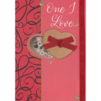 Light Brown 3D Candy Box Lid, Sparkling Red Bow, Ribbon Along Right Edge Valentine's Day Card Perspective: Main