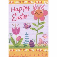 Smiley Faced Flower with Bunny Ears, Pink Tulip and Pink Butterfly: Girl Easter Card Perspective: Main