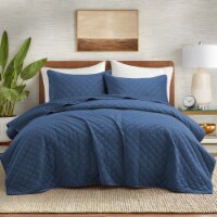 Luxurious Reversible Velvet Coverlet Set with Shams, Navy Full/Queen size