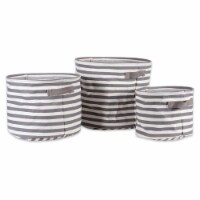 Design Imports CAMZ38438 Pe Coated Herringbone Woven Cotton Stripe Round Laundry Storage Bin,