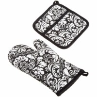 Design Imports CAMZ74201 Black Damask Oven Mitt & Potholder Set