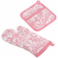 Design Imports CAMZ74202 Pink Damask Oven Mitt & Potholder Set