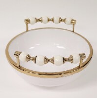 White Round Bowl with Two Gold and White Beaded Design Handles 10 D