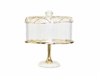 Gold Cake Tray Glass Dome, White Marble Base Mesh Design