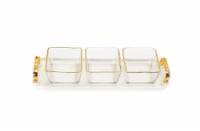 3 Bowl Serving Dish White Tray with Glass Bowls Gold Trimmed - 13.5 L