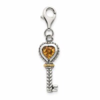 14K Gold Sterling Silver Citrine Antiqued Key with Lobster Clasp Charm