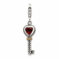 14K Gold Sterling Silver Garnet Antiqued Key with Lobster Clasp Charm