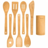 Bamboo Kitchen Utensils Set of 8 - Wooden Cooking Utensils for Nonstick Cookware, with Holder