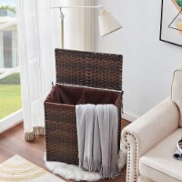 Divided Laundry Hamper, Synthetic Rattan Handwoven Clothes Laundry Basket, Brown