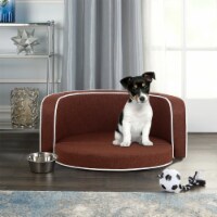 Linen Goods White Roller Lines on the Edges Curved Appearance pet Sofa with Cushion (Brown)