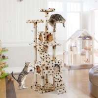 66  Multi-level Cat Tree with Paws Pattern, Scratching Posts, Kitten Activity- Beige