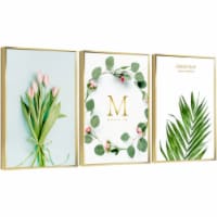 Framed Canvas Wall Paintings-Nordic Green Leaves Pink Flower-Aesthetic Prints for Décor