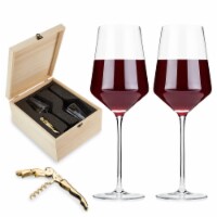 Viski Stemmed Red Wine Glasses with Gold Corkscrew - Wooden Wine Gift Box - 16oz Set of 3