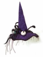 Melrose 22 Purple and Black Witch Halloween Hat with Pumpkins Tabletop Decor