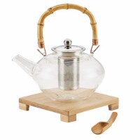 BonJour 47952 34 oz Tea Handblown Glass Zen Teapot with Stainless Steel Infuser & Bamboo Triv