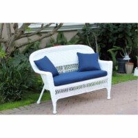 Jeco W00206-L-FS011-CL White Wicker Patio Love Seat With Blue Cushion And Pillows