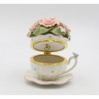 Cup and Saucer Shaped Hinge Box with Pink Flowers Music Box, Home Décor, Gift for Her, Gift