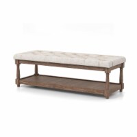 Linen and Wood Bench with Open Shelf in Beige
