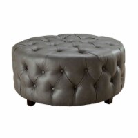 Bonded Leather Round Ottoman with Button Tufted in Grey