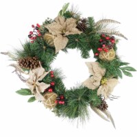 Northlight Mixed Pine Berry and Burlap Poinsettia Artificial Christmas Wreath - 24-Inch,