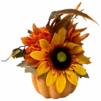 Northlight 14.75 Yellow Sunflower and Mum Filled Pumpkin Thanksgiving Decor