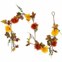 Northlight 5.5' x 6 Autumn Harvest Orange and Yellow Mums with Maple Leaves Garland - Unlit