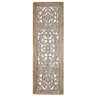 Rectangular Mango Wood Wall Panel Hand Crafted With Intricate Carving, White and Brown-
