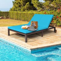 Adjustable Patio Rattan 2 Person Recliner Lounge Chair w/ Turquoise Cushion Wheel