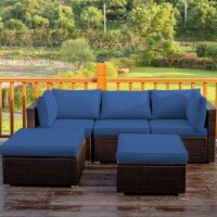 5PCS Rattan Patio Conversation Set Outdoor Furniture Set w/ Ottoman Navy Cushion