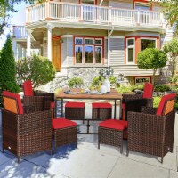 9PC Rattan Wicker Patio Dining Set Outdoor Furniture Set w/ Red Cushion