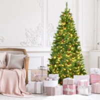 7 ft Pre-lit Hinged Christmas Tree Holiday Decor w/ LED Lights Metal Stand