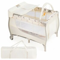 Foldable Baby Playard Portable Playpen Nursery Center w/ Changing Station Beige