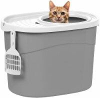 IRIS USA Top Entry Cat Litter Box with Scoop, Gray/White
