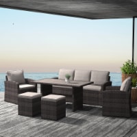 Kumo Outdoor Dining Table Set Patio Conversation Furniture Dark Gold Wicker Sandy Cushions