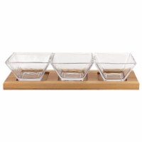 Hostess Set  - 4 Pc With 3 Glass Condiment Or Dip Bowls On A Wood Tray