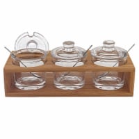 Glass Jam Set With 3 Glass Jars And Spoons On A Wood Stand