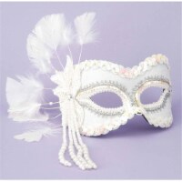 Venetian Half Mask Feathers Beads&#44; White - Normal Size