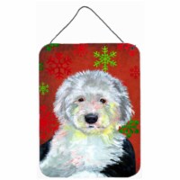 Old English Sheepdog Red Snowflakes Christmas Aluminium Metal Wall Or Door Hanging Prints