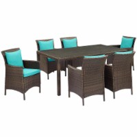 Conduit Outdoor Patio Wicker Rattan Dining Set, Brown Turquoise - 7 Piece