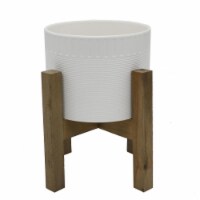 8 in. Ceramic Dumpling Pot on Wood Stand, Matte White
