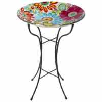 18 in. Flowers Hand Painted Glass Outdoor Patio Bird Bath, Pastel Pink & Blue