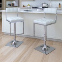 CorLiving Square Tufted Adjustable Barstool in White Faux Leather - Set of 2