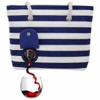 Portovino Tote Beach Bag - Navy Stripes Canvas Wine Purse with Hidden Spout