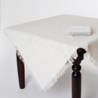 SARO JU209.I60S 60 in. Mari Sati Burlap Square Fringed Jute Tablecloth - Ivory