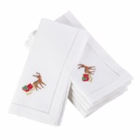 Saro Lifestyle 20 in. Square Embroidered Reindeer Christmas Holiday Hemstitched Napkins
