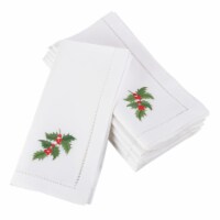 Saro Lifestyle 20 in. Square Embroidered Holly Leaf Christmas Holiday Hemstitched Napkins